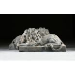 A PAIR OF LARGE GARDEN PARK BRONZE LION STATUES, MODERN, each cast in a recumbent position with