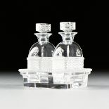 A LALIQUE OIL AND VINEGAR CRYSTAL CRUET STAND, BANGKOK PATTERN, ENGRAVED SIGNATURE, LATE 20th