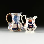 A GROUP OF TWO ENGLISH IMARI STYLE IRONSTONE PITCHERS, 19TH CENTURY, the larger example with blue