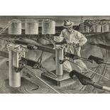 ALEXANDRE HOGUE (American/Texas 1898-1994) A PRINT, "Hooking on at Central Power," 1940, aquatint on