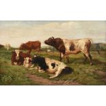 AMOS WATMOUGH (English active 1877-1912) A PAINTING, "Hereford and Ayrshire Cattle in Landscape,"