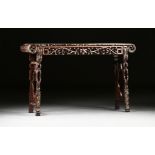 A CHINESE EXPORT MOTHER OF PEARL INLAID CARVED HARDWOOD ALTER TABLE, MODERN, the rectangular top
