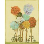 DAVID ADICKES (American/Texas b. 1927) A PAINTING, "Five Trees with Bicycle and Chairs," oil on