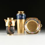 A GROUP OF THREE PICKARD HEAVY GILT PORCELAIN VASES AND BOWL, from smallest to largest, a double