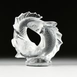 A LALIQUE "TWO FISH" FROSTED CRYSTAL SCULPTURE, ENGRAVED SIGNATURE, 1960-1980, nicely modeled as two