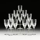 A SET OF TWELVE LALIQUE ETCHED CHAMPAGNE STEMWARE, "Ange," FRANCE, 1945-1960, each frosted etched