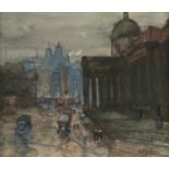 ANTAL BERKES (Hungarian 1874-1938) A PAINTING, "Bustling Street Scene," watercolor on paper,