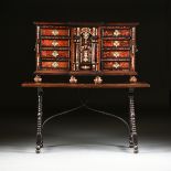 AN IBERIAN EBONIZED INLAID OAK AND FRUITWOOD PAPELEIRA VARGUEÃ‘O ON STAND, 17TH CENTURY, the