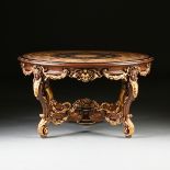 AN ITALIAN ROCOCO REVIVAL PARCEL GILT MARQUETRY INLAID OAK CENTER TABLE, CIRCA 1900, the circular