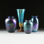 A GROUP OF FOUR BLUE IRIDESCENT ART GLASS VASES, 20TH CENTURY, from largest to smallest, a trumpet