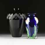 TWO ART GLASS VASES, LATE 20TH CENTURY, comprising a green/black glass vase with circular mouth over