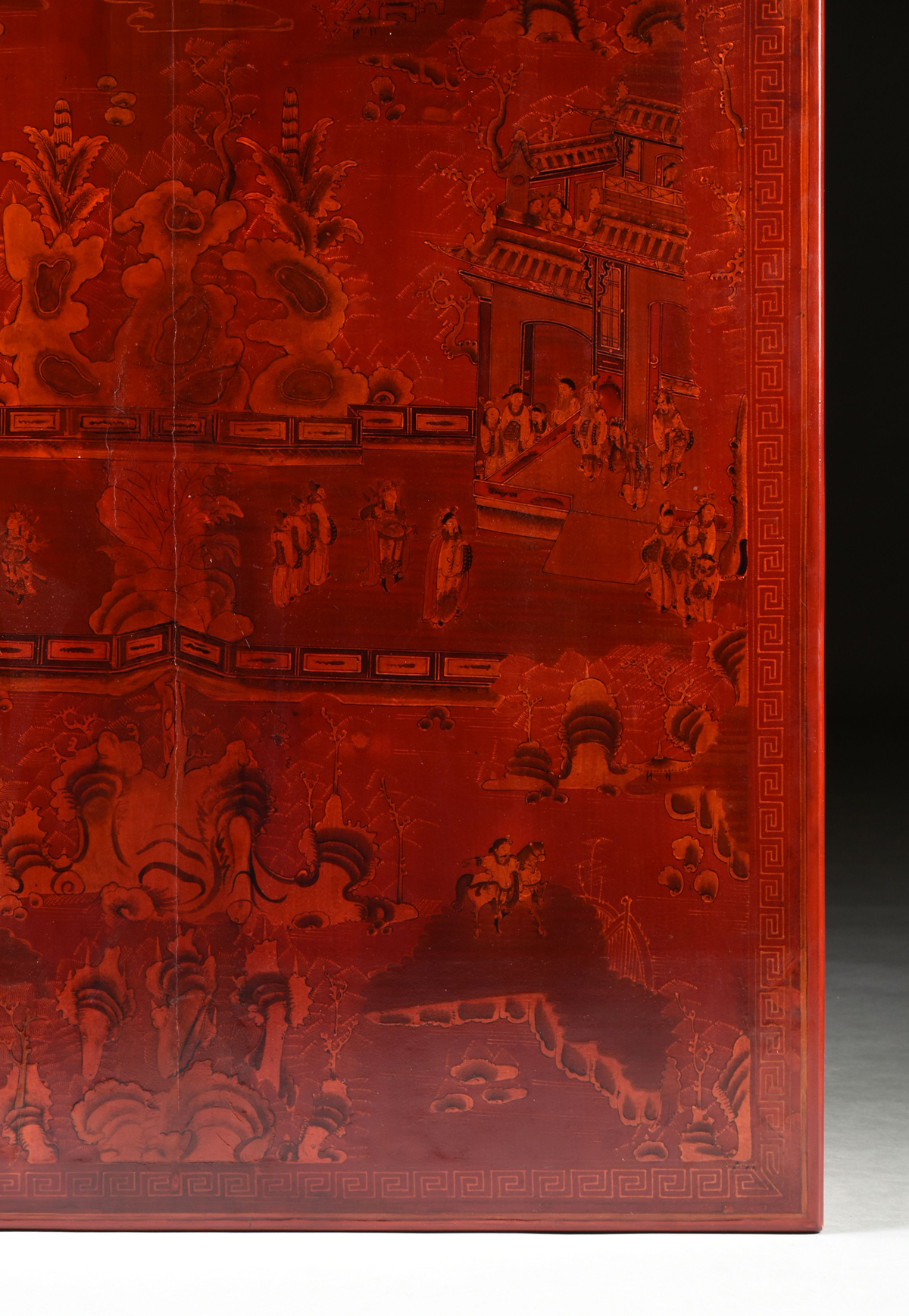 A MODERN CHINOISERIE RED VARNISHED AND SILVER LEAF COFFEE TABLE, LATE 20TH CENTURY, the - Image 7 of 8