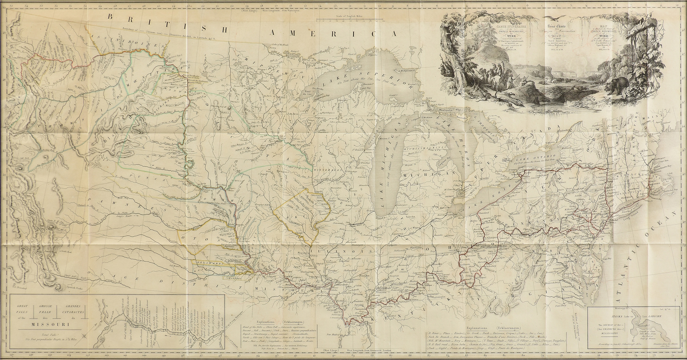 AN ANTIQUE MAP, "Map to Illustrate the Route of Prince Maximilian of Wied in the Interior of North