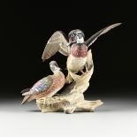 A BOEHM SCULPTURE, "Wood Ducks," UNITED STATES, hand painted bisque porcelain, number 34, verso