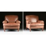 A PAIR OF RALPH LAUREN OVERSIZED LEATHER ARM CHAIRS WITH OTTOMAN, MODERN, with rolled headrests