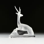 A LALIQUE FROSTED CRYSTAL STAG FIGURINE, "CERF," MID 20TH CENTURY, signed verso. Height: 10.25"