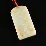 A QING DYNASTY CELADON JADE FIGURAL POEM PLAQUE PENDANT, CHINESE, 1644-1912, one side carved with