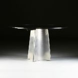 A MAISON JANSEN GLASS AND BRUSHED STEEL BREAKFAST TABLE, DESIGNED BY LUIGI SACCARDO, FRENCH,