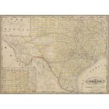 AN ANTIQUE MAP, "Railroad and County Map of Texas," CHICAGO, ILLINOIS, 1887, color engraving on