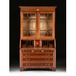 A FEDERAL SATINWOOD INLAID FLAME MAHOGANY DROP FRONT SECRETARY BOOKCASE, EARLY 19TH CENTURY, the