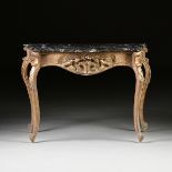 AN ITALIAN ROCOCO STYLE MARBLE TOPPED AND PARCEL GILT CARVED WOOD CONSOLE TABLE, 19TH CENTURY,