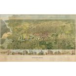 AN ANTIQUE BIRD'S EYE VIEW MAP, "Houston, Texas (Looking South)," 1891, color lithograph on