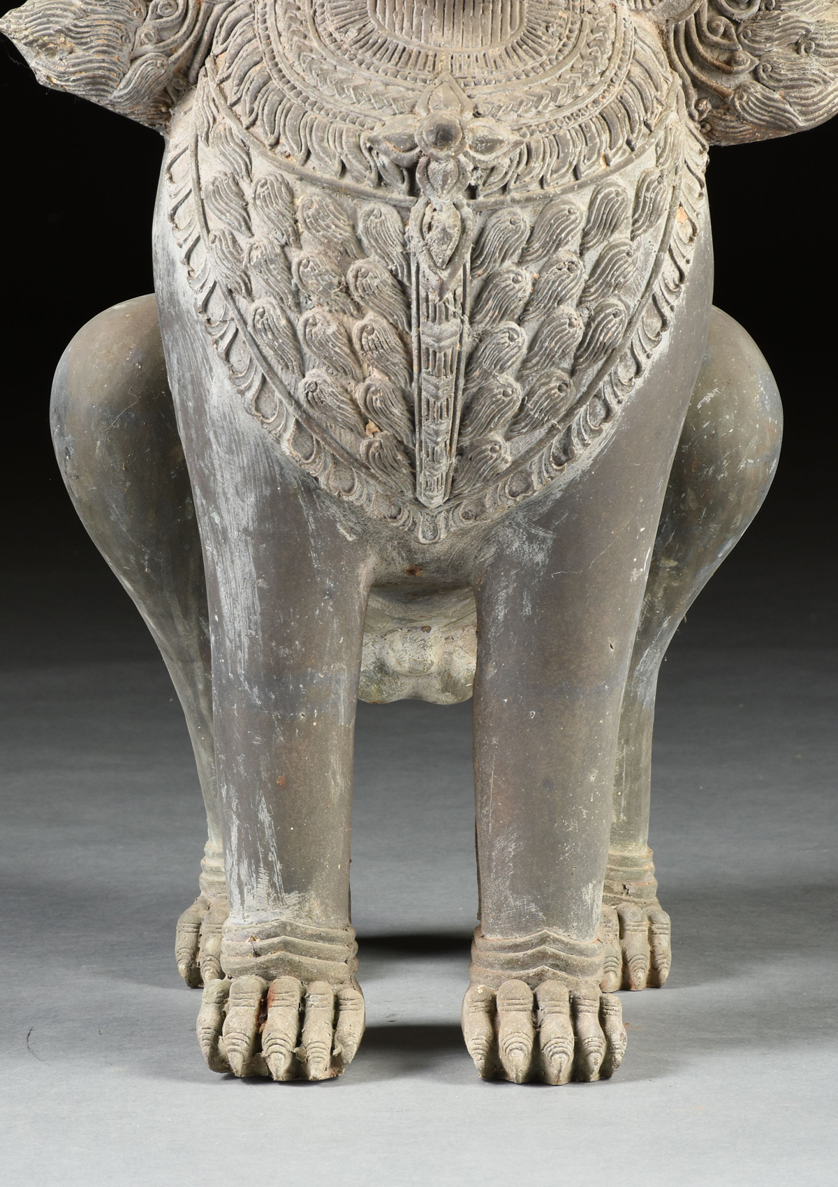 A PAIR OF THAI STYLE BRONZE GUARDIAN LIONS, 20TH CENTURY, seated and forward facing with elaborate - Image 4 of 9