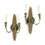 A PAIR OF EMPIRE REVIVAL VINTAGE DUAL LIGHT WALL SCONCES, MID 20TH CENTURY, each with green and gilt