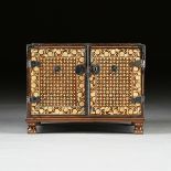 AN INDO-PORTUGUESE INLAID ROSEWOOD AND SILVER GILT INLAID MOUNTED TABLE TOP CABINET, PROBABLY