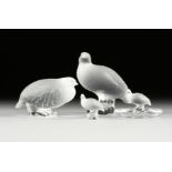 FOUR VINTAGE LALIQUE CLEAR FROSTED CRYSTAL FIGURINES AND DESKWARES, "PERDRIX," PARIS, MID 20TH