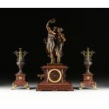 A FRENCH ASSEMBLED THREE PIECE GARNITURE, JAPY FRERES CLOCK RETAILED BY AUGUST LEMAIRE, SCULPTURE BY