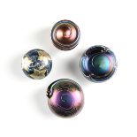 A GROUP OF FOUR IRIDESCENT SATIN GLASS PAPERWEIGHTS, SIGNED, LATE 20TH CENTURY, two examples