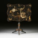 A VICTORIAN PARCEL GILT AND BLACK LACQUERED CHINOISERIE TILT TOP TEA TABLE, ENGLISH, THIRD QUARTER