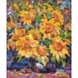 RAFAEL DEL REAL (Spanish b. 1932) A PAINTING, "Sunflowers," oil on canvas, signed L/L, "DEL REAL,"