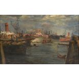 AMERICAN SCHOOL (20th Century) A PAINTING, "View of Shrimp Boats and Tugboats in the Harbor," oil on