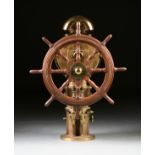 A SCOTTISH MAHOGANY SHIP'S WHEEL ON POLISHED BRASS STEERING PEDESTAL, BY JOHN HASTIE & CO.,
