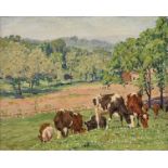 EDWARD CHARLES VOLKERT (American 1871-1935) A PAINTING, "Dairy Cows in Pasture with Farmhouse,"