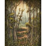 S.S. FISHER (American 20th Century) A PAINTING, "Sunlight in the Deep Swamp," oil on canvas,
