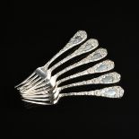 A SET OF TWELVE AMERICAN STERLING SILVER SALAD FORKS, DURGIN, CHRYSANTHEMUM, RETAILED BY J.J.