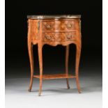 A TRANSITIONAL LOUIS XV/XVI STYLE KINGWOOD AND SATINWOOD MARQUETRY INLAID ORMOLU MOUNTED LAMP TABLE,