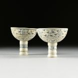 A PAIR OF VIETNAMESE/ANNAMESE BLUE AND WHITE PORCELAIN PEDESTAL STEM BOWLS, SHIPWRECK ARTIFACTS,