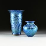 A PAIR OF TWO LUNDBERG STUDIOS VASES, "Large Oceana Flare Vase," AND "Blue Luster Ribbed Heart