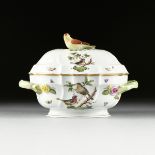 A HEREND HAND PAINTED PORCELAIN LIDDED TUREEN, ROTHSCHILD BIRD PATTERN, BLUE AND INCISED MARKS, LATE