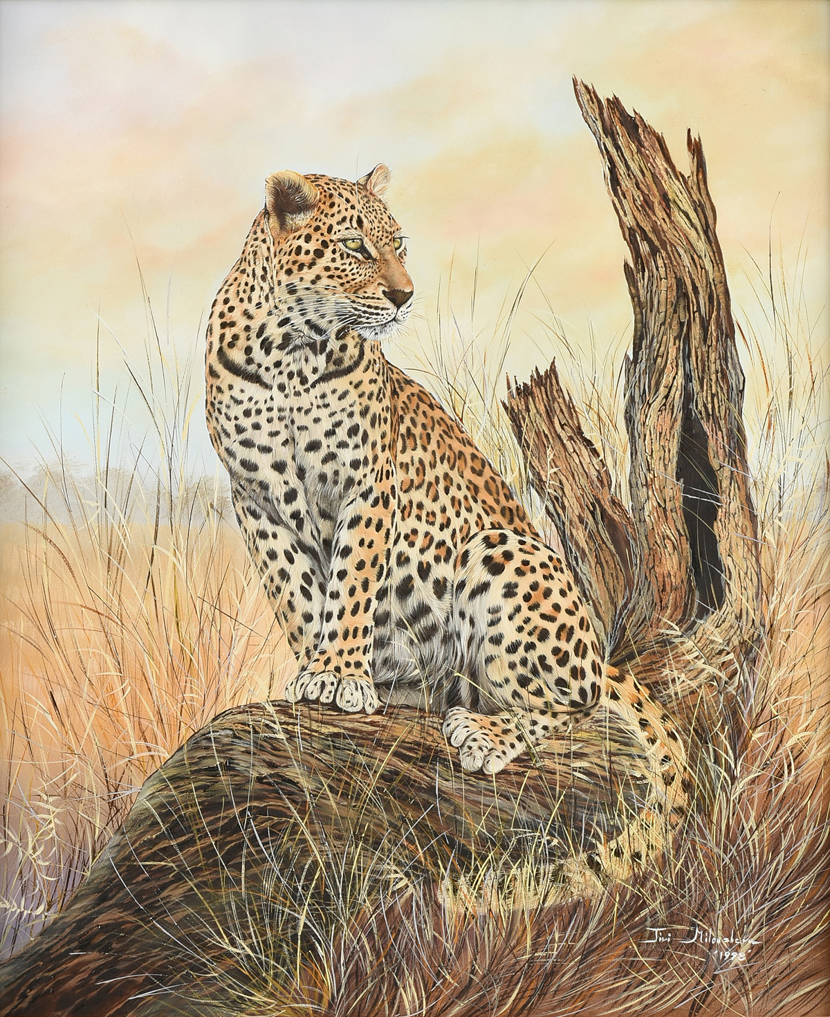 JIRI MILOUSHEVA (20th Century) A PAINTING, "Cheetah," 1990, oil on canvas, signed L/R and dated, "