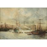 JEAN BAPTISTE TETAR VAN ELVEN (Dutch 1805-1889) A PAINTING, "Masted Boats in Port," watercolor on