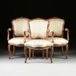 A SET OF THREE LOUIS XV STYLE UPHOLSTERED AND CARVED BEECH FAUTEUILS, 19TH CENTURY, each with a