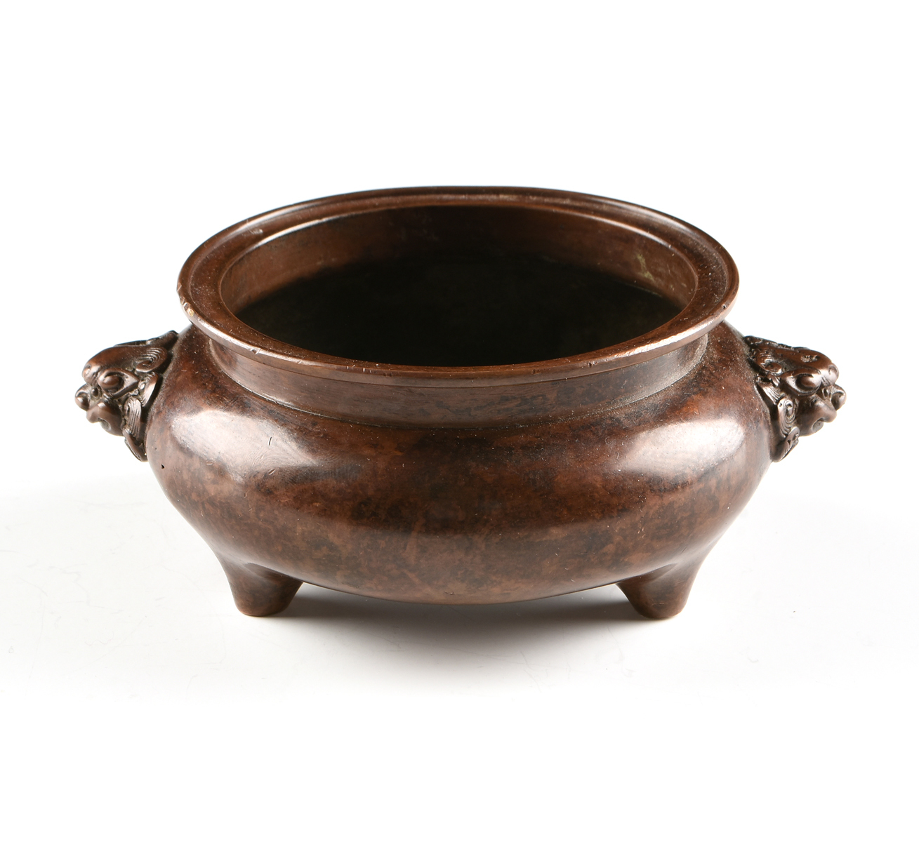 A CHINESE ARCHAISTIC STYLE COPPERED BRONZE TRIPOD CENSER, 19TH/20TH CENTURY, the dished mouth over a - Image 2 of 6