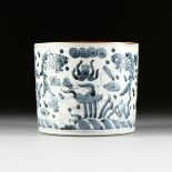 A MING DYNASTY STYLE BLUE AND WHITE PORCELAIN BRUSH POT, EARLY 20TH CENTURY, of cylindrical form,