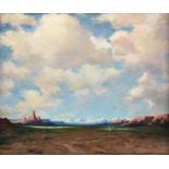 ALBERT GROLL (American 1866-1952) A PAINTING, "Covered Wagon Under Clouds in Desert Landscape,"