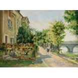 CHARLES DRATZ-BARAT (French 20th Century) A PAINTING, "A Stroll by the River," oil on canvas, signed